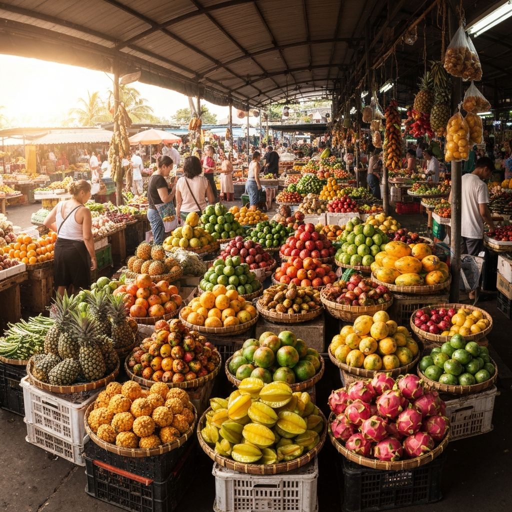 Wide shot of diverse tropical fruits market scene